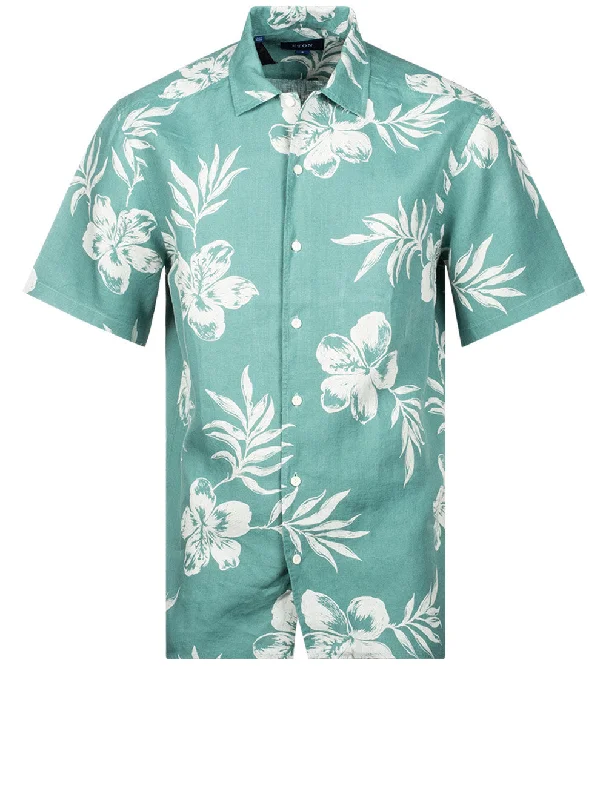 Plus Size Men's Striped Chambray Casual Shirts with a Spread Collar for a Preppy AppearanceContemporary Fit Short Sleeve Linen Floral Shirt Green