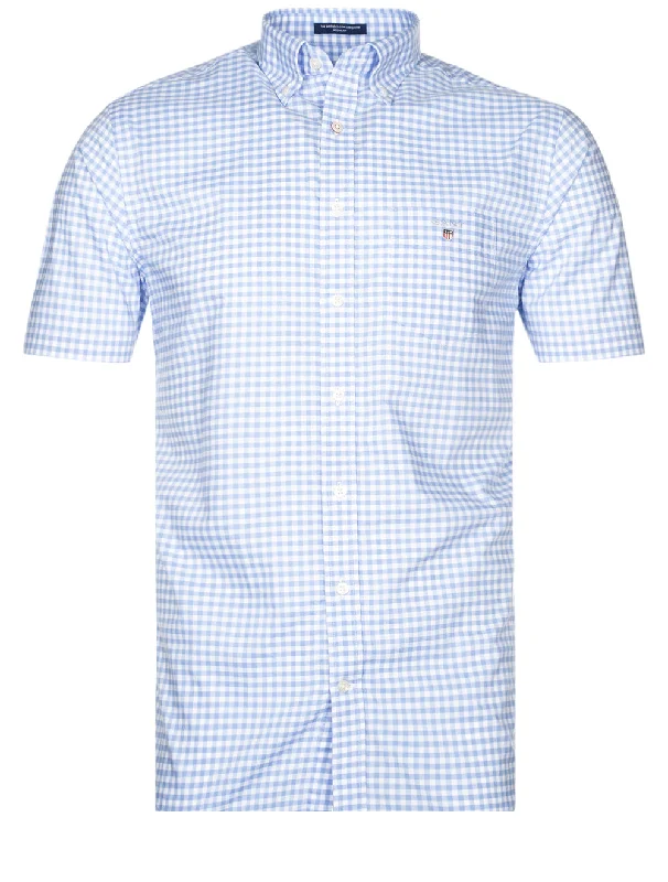 Men's Embroidered Detail Casual Shirts in Beige for a Touch of EleganceRegular Broadcloth Gingham Short Sleeve Buttondown Capri Blue