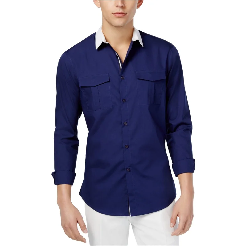 Men's Stretch - Fabric Casual Shirts in Navy Blue for a Comfortable and Flexible FitI-N-C Mens Contrast Button Up Shirt, Blue, Medium