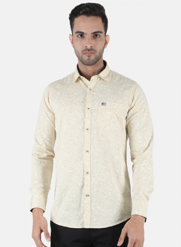 Men's Embroidered Detail Casual Shirts in Beige for a Touch of EleganceMen Beige Printed Shirt