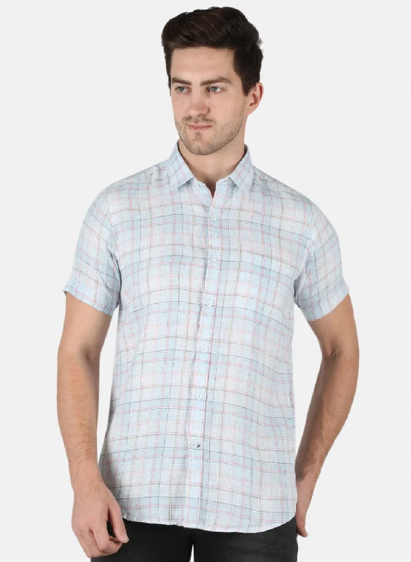 Plus Size Men's Striped Chambray Casual Shirts with a Spread Collar for a Preppy AppearanceMen Blue Check Shirt