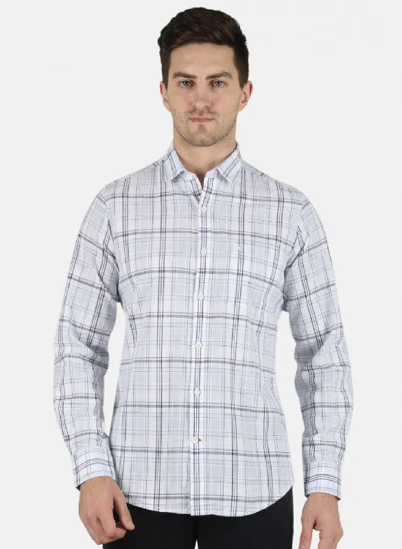 Men's Linen Blend Casual Shirts with Roll - Up Sleeves for a Summer Beach LookMen Blue Check Shirt