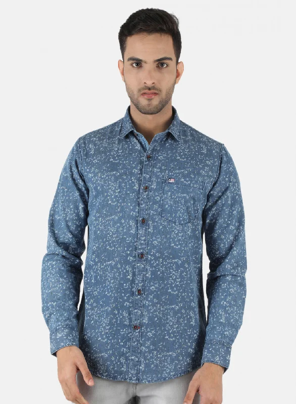 Men's Two - Tone Contrast Panel Casual Shirts in White and Navy for a Stylish and Eye - Catching DesignMen Blue Printed Shirt