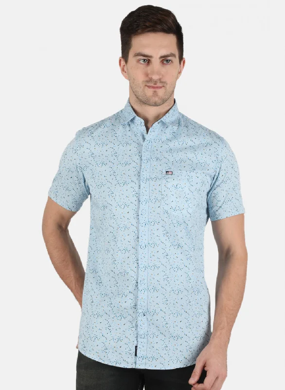 Men's Wrinkle - Resistant Polyester Blend Casual Shirts for Easy Travel and MaintenanceMen Blue Printed Shirt