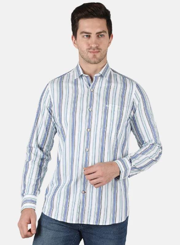 Men's Embroidered Detail Casual Shirts in Beige for a Touch of EleganceMen Blue Stripe Shirt