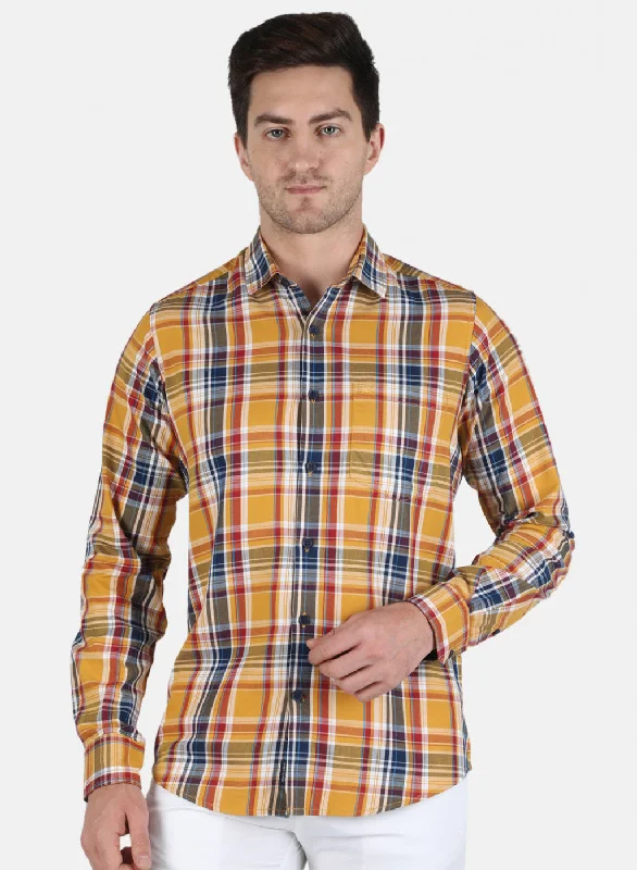 Men's Two - Tone Contrast Panel Casual Shirts in White and Navy for a Stylish and Eye - Catching DesignMen Mustard Check Shirt