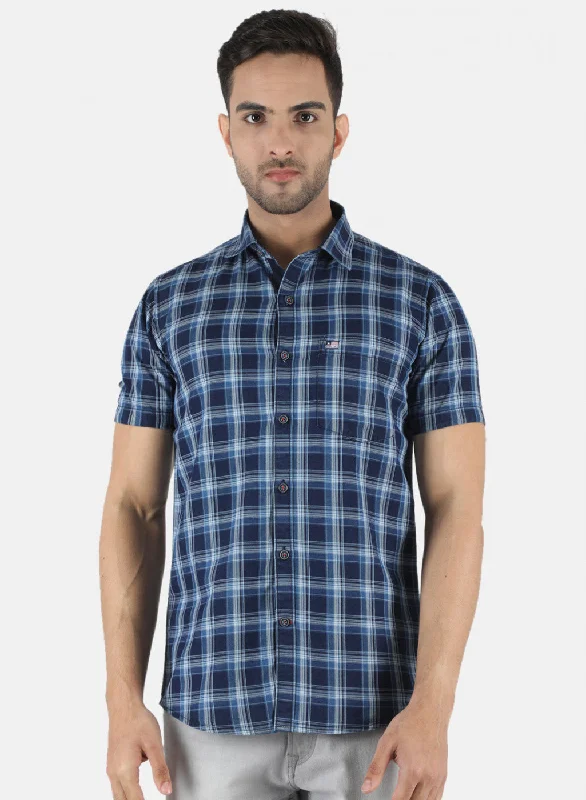 Men's Distressed Denim Casual Shirts with Frayed Edges for a Trendy and Rugged LookMen Navy Blue Check Shirt