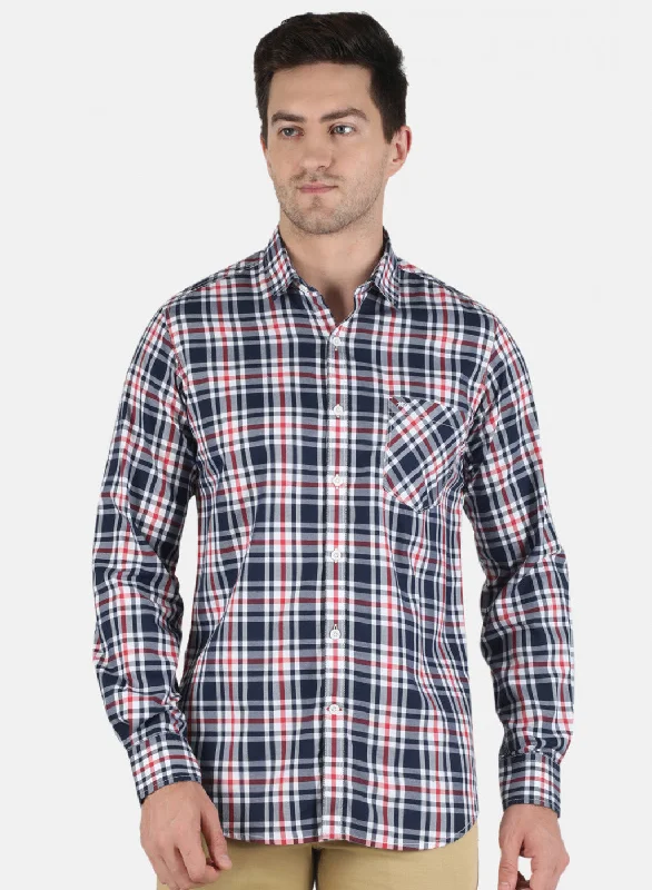 Men's Embroidered Detail Casual Shirts in Beige for a Touch of EleganceMen NAvy Blue Check Shirt