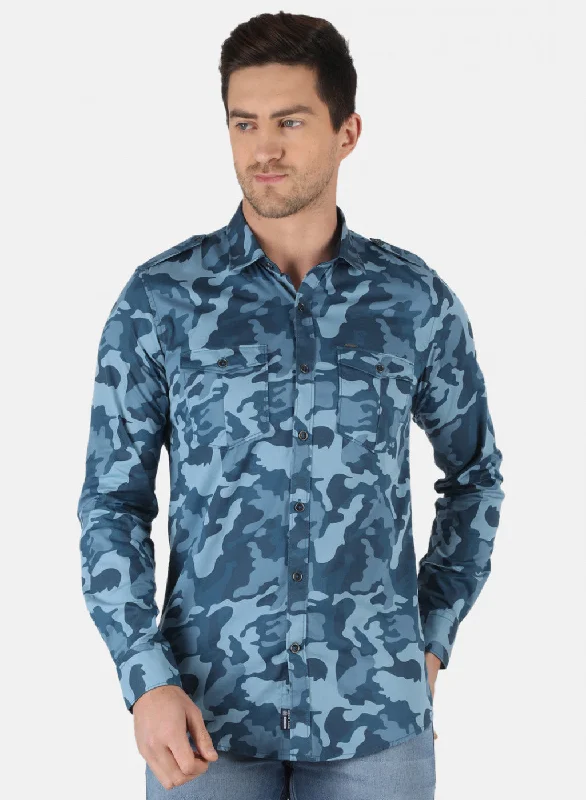 Plus Size Men's Striped Chambray Casual Shirts with a Spread Collar for a Preppy AppearanceMen NAvy Blue Printed Shirt