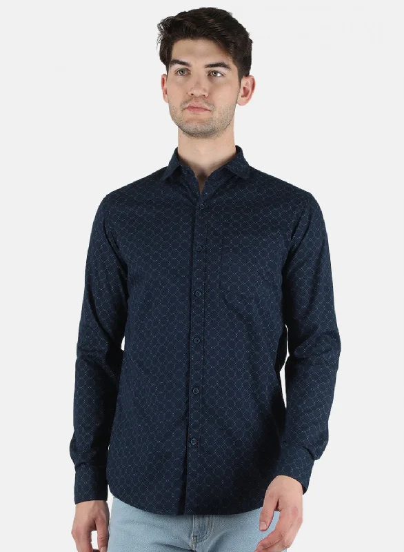 Men's Embroidered Detail Casual Shirts in Beige for a Touch of EleganceMen NAvy Blue Printed Shirt