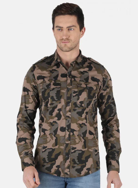 Men's Thermal - Lined Casual Shirts in Black for Added Warmth in Cold WeatherMen Olive Printed Shirt