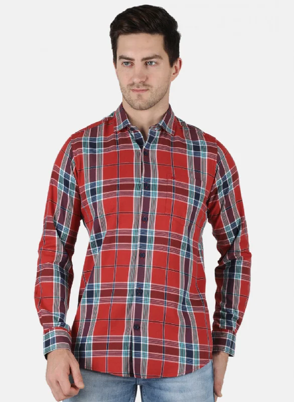 Men's Wrinkle - Resistant Polyester Blend Casual Shirts for Easy Travel and MaintenanceMen Orange Check Shirt