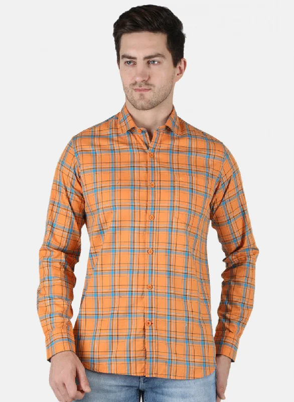 Men's Two - Tone Contrast Panel Casual Shirts in White and Navy for a Stylish and Eye - Catching DesignMen Orange Check Shirt