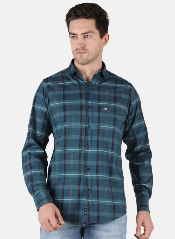 Men's Embroidered Detail Casual Shirts in Beige for a Touch of EleganceMen Teal Blue Check Shirt