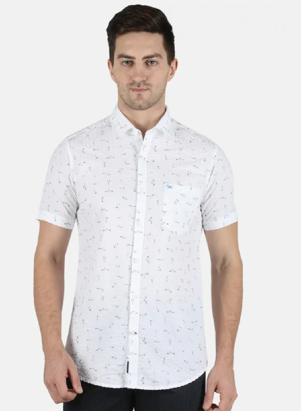 Men's Linen Blend Casual Shirts with Roll - Up Sleeves for a Summer Beach LookMen White Printed Shirt