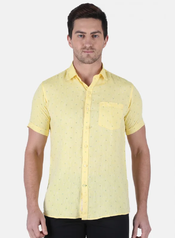 Men's Short - Sleeve Linen Casual Shirts in Light Khaki for a Breathable Summer OptionMen Yellow Printed Shirt