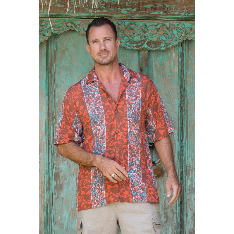 Men's Graphic - Printed Casual Shirts with Pop - Culture References for a Fun and Stylish LookNovica Handmade Cinnabar Forest Mens Batik Rayon Shirt