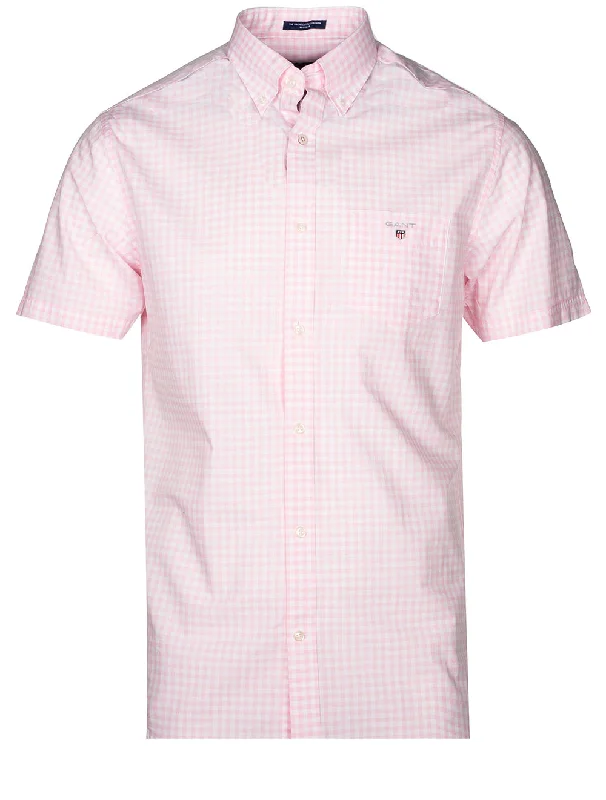 Men's Wrinkle - Resistant Polyester Blend Casual Shirts for Easy Travel and MaintenanceRegular Broadcloth Gingham Short Sleeve Buttondown California Pink