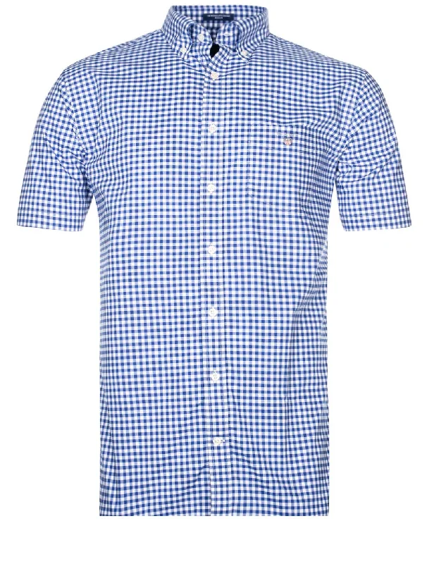 Men's Button - Down Oxford Casual Shirts in Crisp White for a Classic and Versatile StyleRegular Broadcloth Gingham Short Sleeve Buttondown College Blue