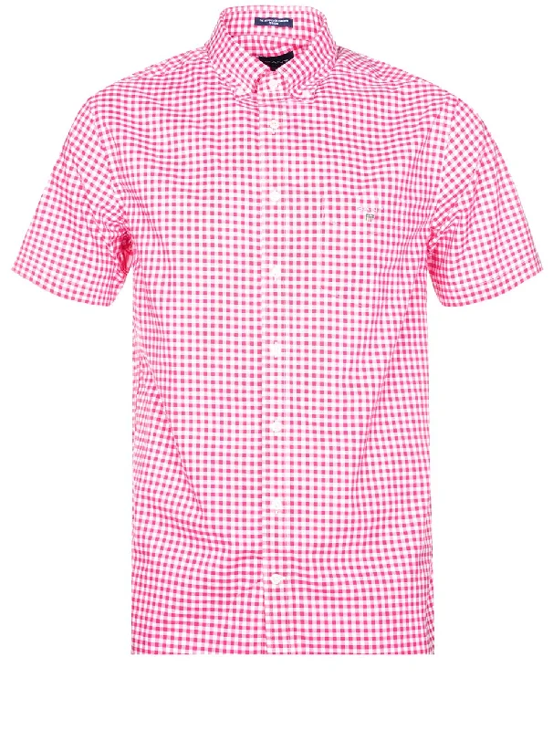 Men's Retro - Style Hawaiian Print Casual Shirts in Bold Patterns for a Tropical VacationRegular Broadcloth Gingham Short Sleeve Buttondown Perky Pink