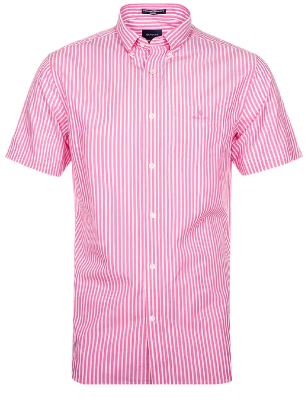 Plus Size Men's Striped Chambray Casual Shirts with a Spread Collar for a Preppy AppearanceRegular Fit Stripe Short Sleeve Broadcloth Shirt Perky Pink