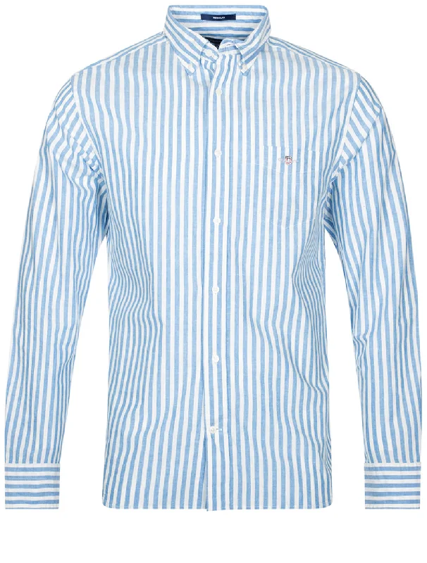 Plus Size Men's Striped Chambray Casual Shirts with a Spread Collar for a Preppy AppearanceRegular Cotton Linen Stripe Shirt Day Blue