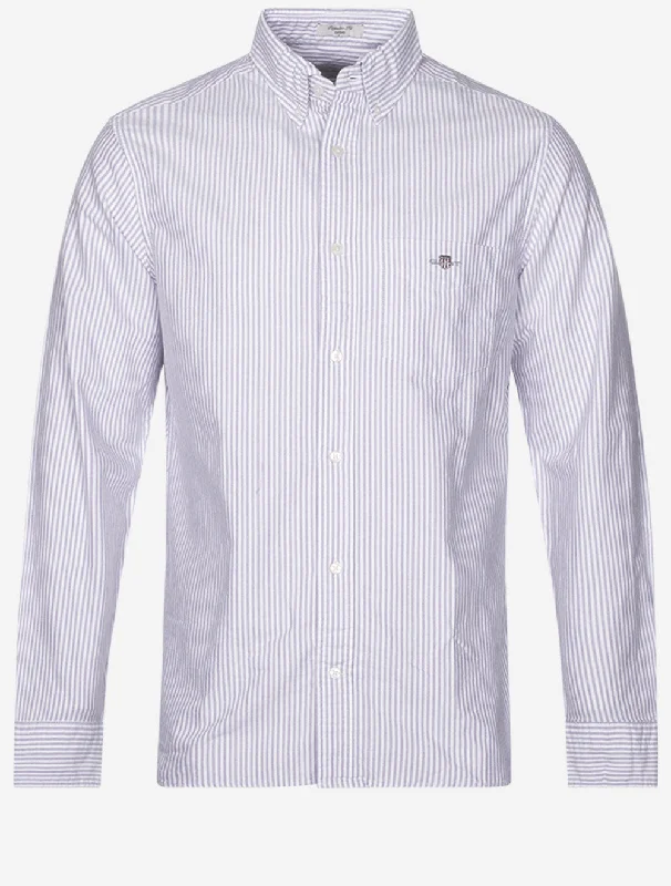 Men's Wrinkle - Resistant Polyester Blend Casual Shirts for Easy Travel and MaintenanceRegular Fit Oxford Banker Stripe Shirt Lilac