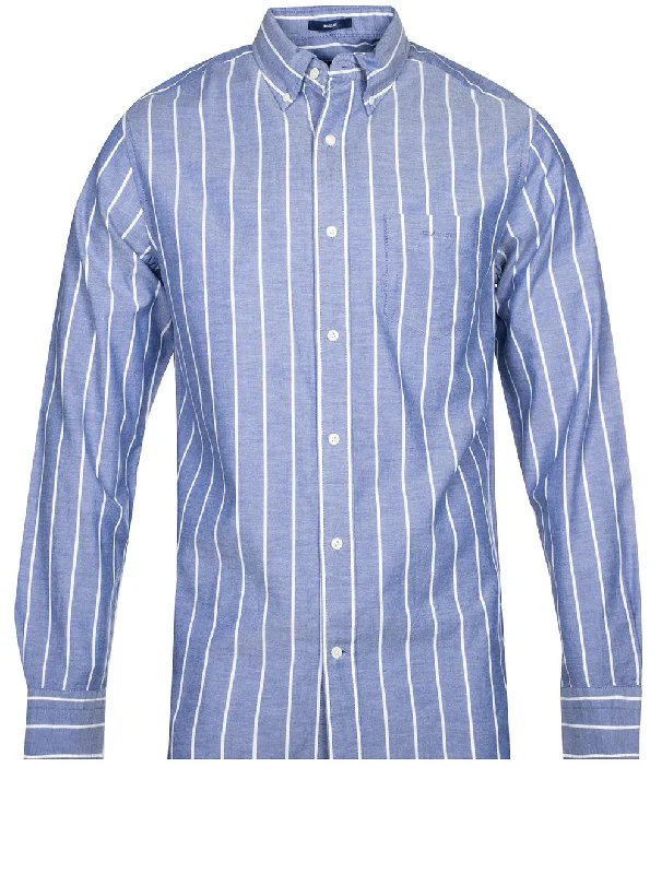 Men's Wrinkle - Resistant Polyester Blend Casual Shirts for Easy Travel and MaintenanceRegular Fit Stripe Pastel Oxford Shirt College Blue