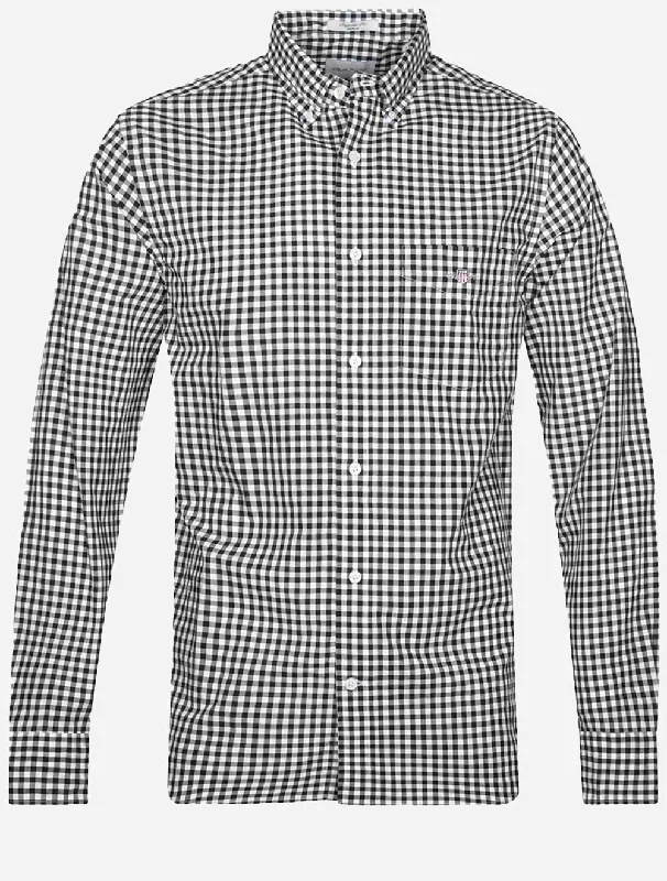 Men's Wrinkle - Resistant Polyester Blend Casual Shirts for Easy Travel and MaintenanceRegular Fit Poplin Gingham Shirt Black