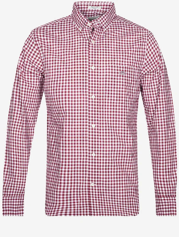 Men's Linen Blend Casual Shirts with Roll - Up Sleeves for a Summer Beach LookRegular Fit Poplin Gingham Shirt Plumped Red