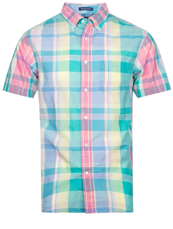 Men's Moisture - Wicking Performance Fabric Casual Shirts for Outdoor ActivitiesRegular Colorful Madras Short Sleeve Shirt Perky Pink