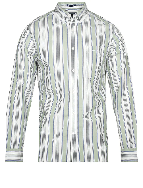 Men's Linen Blend Casual Shirts with Roll - Up Sleeves for a Summer Beach LookRegular Fit Multistripe Oxford Shirt Kalamata Green