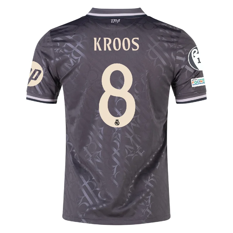 Men's Basketball Jerseys with Signature Player Logos for a Fan - Favorite Lookadidas Real Madrid Toni Kroos Third Jersey w/ Champions League Patches + HP Sponsor 24/25 (Charcoal)