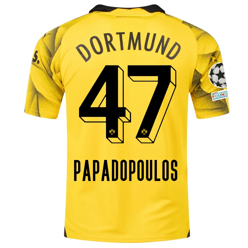 Men's Custom - Printed Baseball Jerseys with Player Names and Numbers for Personalized StylePuma Mens Borussia Dortmund Antonios Papadopoulos Third Jersey w/ Champions League Patches 23/24 (Cyber Yellow/Puma Black)