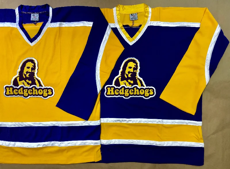 Men's Retro Hockey Jerseys with Classic Stripes and Logos for a Nostalgic Hockey AestheticPurple and Gold Hockey Jerseys with the Hedgehogs Twill Logo