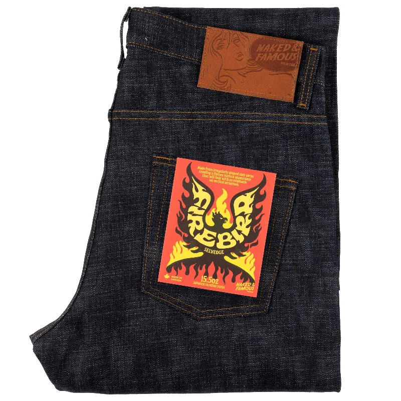 Men's Distressed Jeans with Patches for a Retro and DIY - Inspired AppearanceEasy Guy - Fire Bird Selvedge