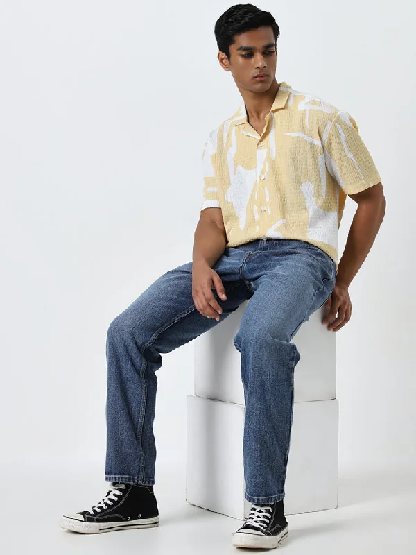 Men's Jeans with a Button - Fly for a Traditional and Classic AestheticNuon Blue Washed Mid - Rise Relaxed - Fit Jeans