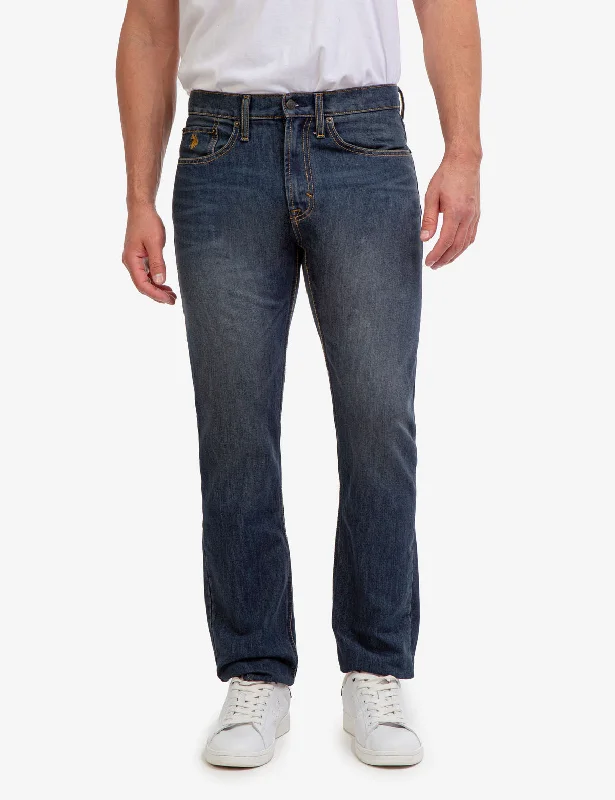 Men's Distressed Jeans with Patches for a Retro and DIY - Inspired AppearanceSLIM STRAIGHT FIT JEANS