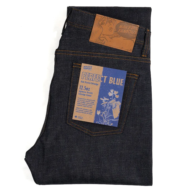 Men's Distressed Jeans with Patches for a Retro and DIY - Inspired AppearanceWeird Guy - Perfect Blue Slub Stretch Selvedge