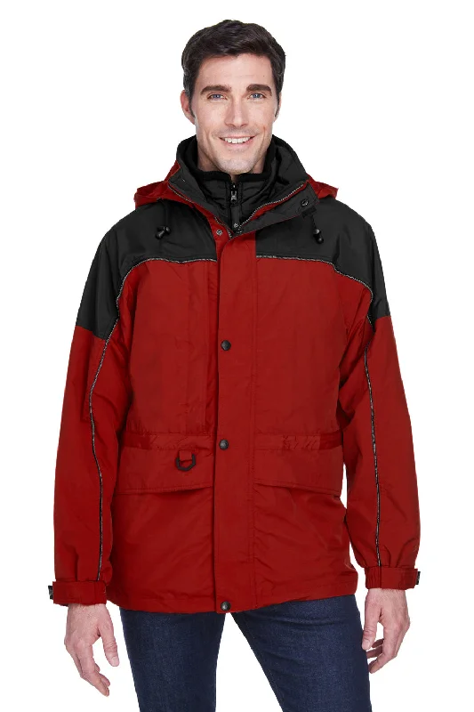 Slim - fit leather men jackets with a distressed finish for a rugged lookNorth End Mens 3-in-1 Water Resistant Full Zip Hooded Jacket - Molten Red/Black