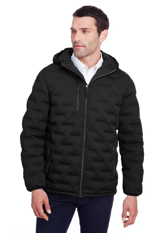 Hooded men jackets with a detachable faux - fur trim for added warmthNorth End Mens Loft Waterproof Full Zip Hooded Puffer Jacket - Black/Carbon Grey