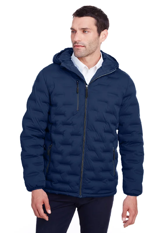 Men jackets with a built - in hood that can be stowed away when not in useNorth End Mens Loft Waterproof Full Zip Hooded Puffer Jacket - Classic Navy Blue/Carbon Grey