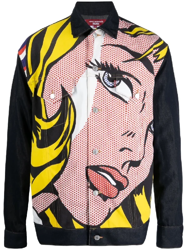 Men jackets with a zip - off sleeves to convert to a vestPop-Art Button-Up Jacket