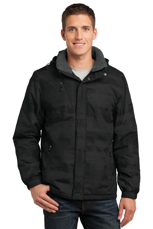 Men jackets with a zip - off sleeves to convert to a vestPort Authority Mens Brushstroke Wind & Water Resistant Full Zip Hooded Jacket - Black - Closeout