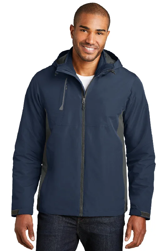 Lightweight men jackets made from recycled nylon for eco - friendly travelPort Authority Mens Merge 3-in-1 Wind & Water Full Zip Hooded Jacket - Dress Navy Blue/Steel Grey