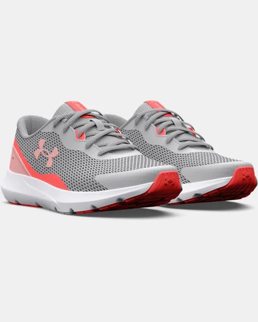 Kids' Grade School UA Surge 3 Running Shoe - Halo Gray/Venom Red/Pink Fizz