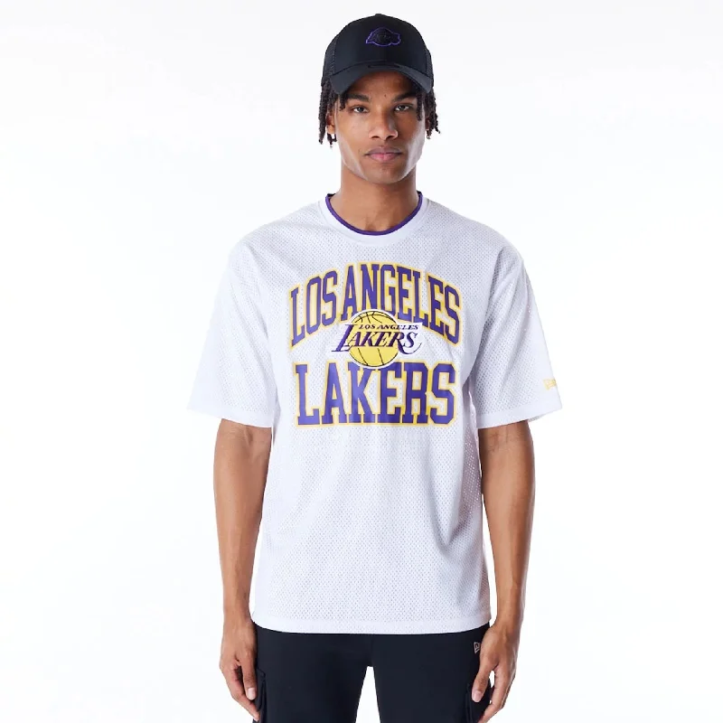 Men's distressed denim - look t - shirts with a rugged appealLA Lakers NBA Patch White Oversized Mesh T-Shirt