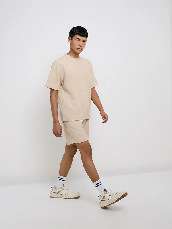 Men's button - fly denim work shorts for durability on the jobStudiofit Beige Knit-Textured Relaxed-Fit Mid-Rise Shorts