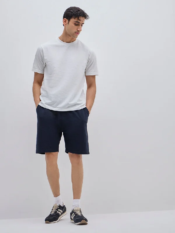 Men's drawstring casual linen shorts for a laid - back summer lookWES Lounge Navy Mid-Rise Relaxed-Fit Shorts